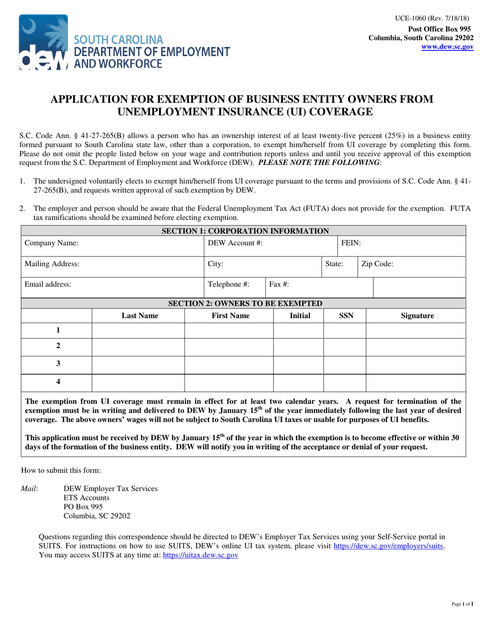 Form UCE-1060 Application for Exemption of Business Entity Owners From Unemployment Insurance (Ui) Coverage - South Carolina, Page 1