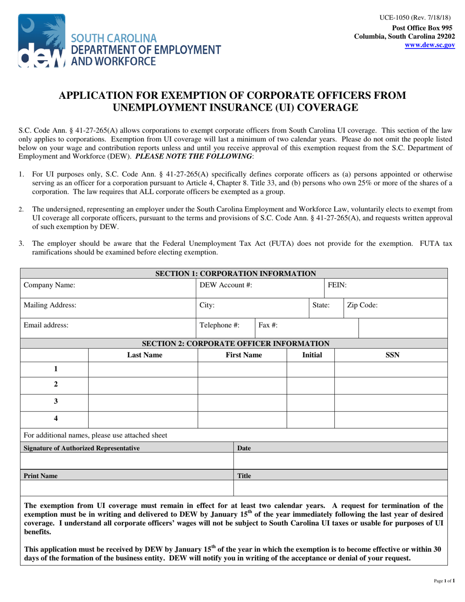Form UCE-1050 Application for Exemption of Corporate Officers From Unemployment Insurance (Ui) Coverage - South Carolina, Page 1