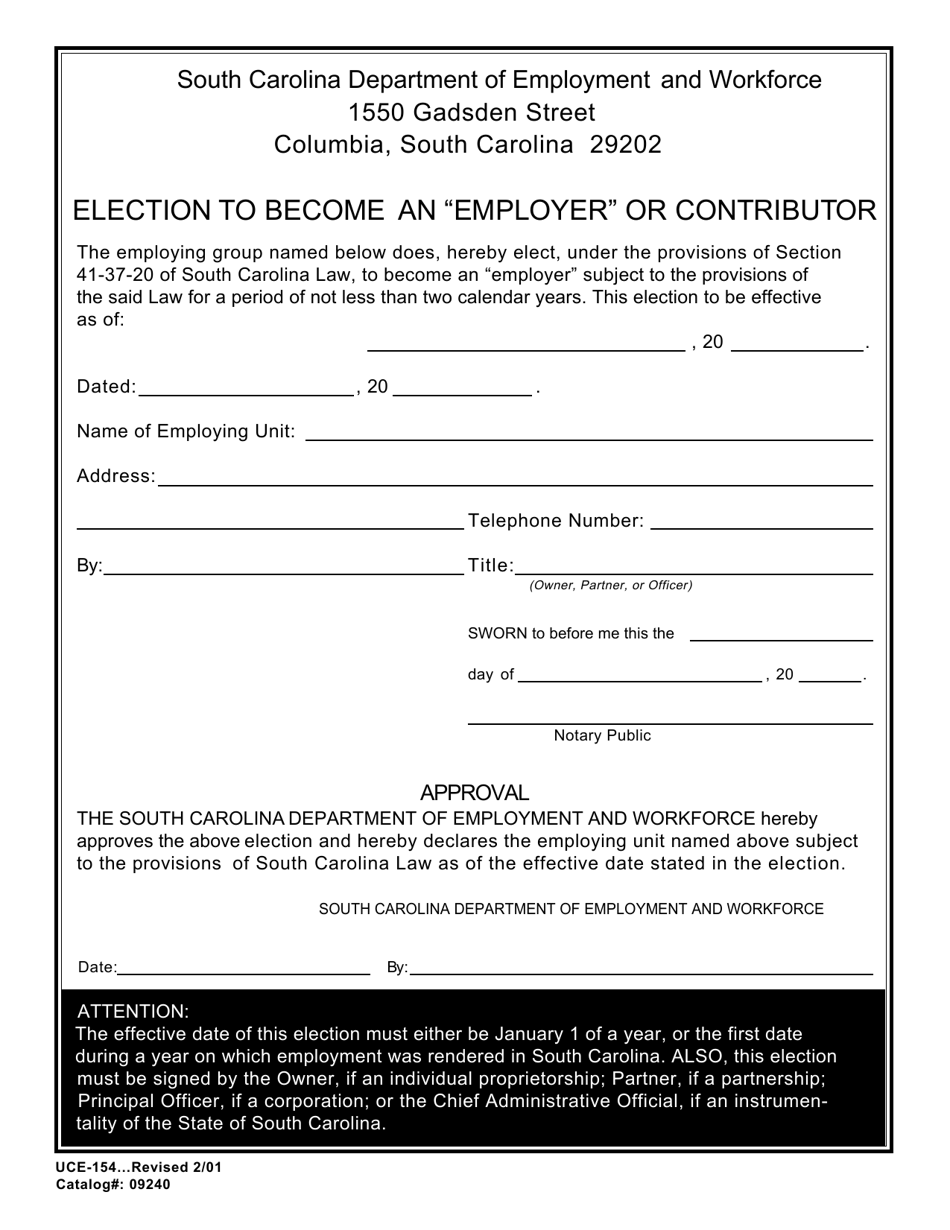 Form UCE-154 Election to Become an employer or Contributor - South Carolina, Page 1