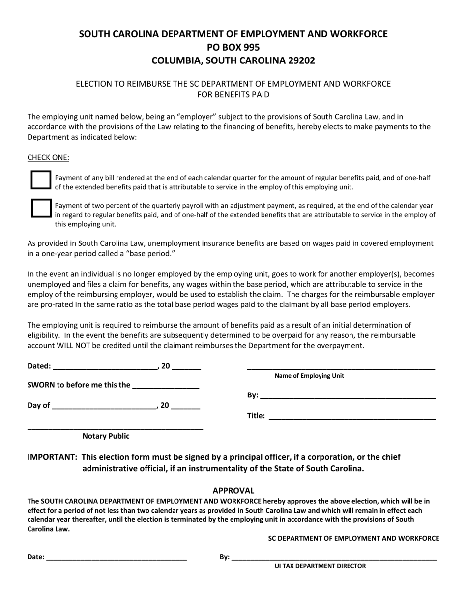 South Carolina Election to Reimburse the Sc Department of Employment