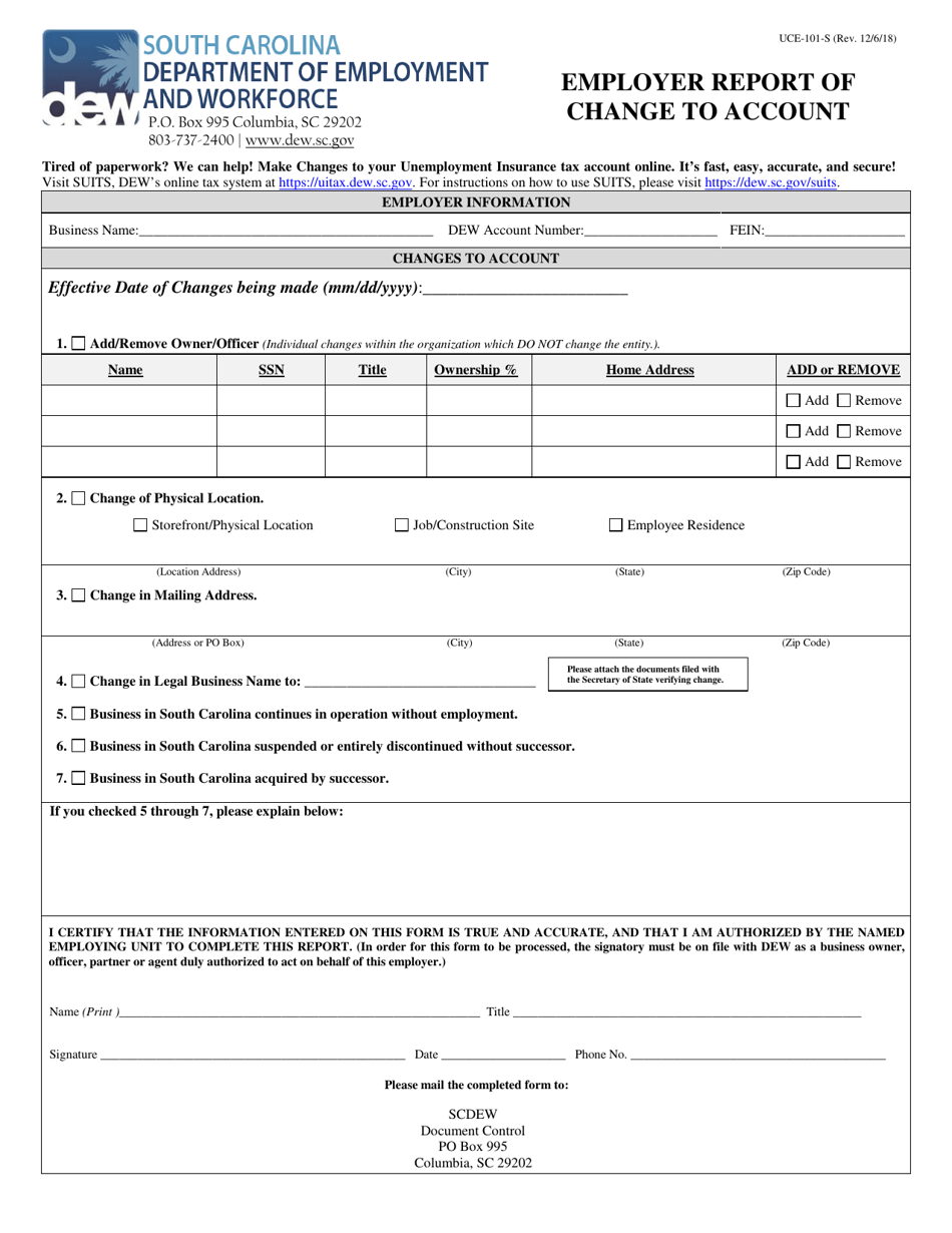 Form UCE-101-S Employer Report of Change to Account - South Carolina, Page 1