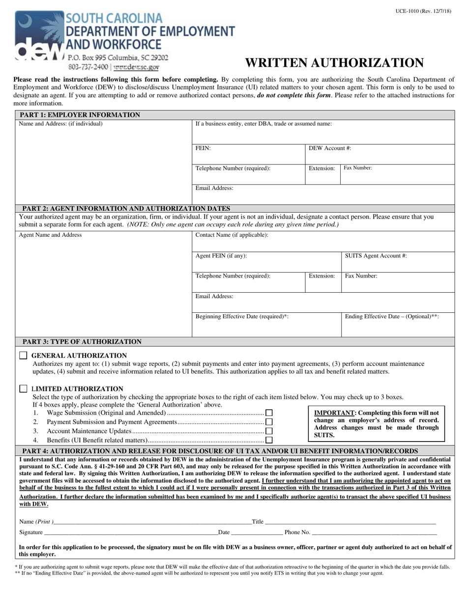 Form UCE-1010 Written Authorization - South Carolina, Page 1