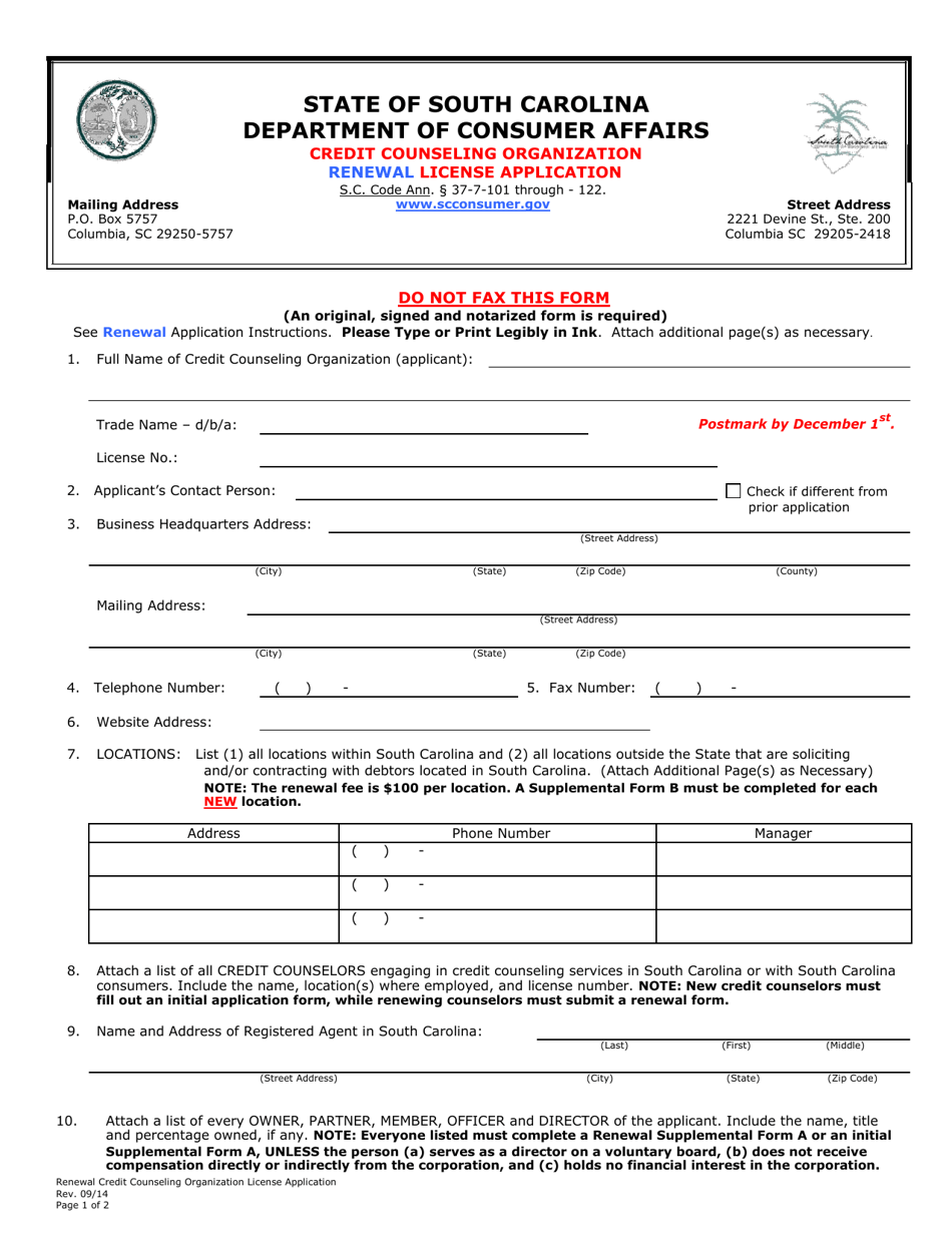 Credit Counseling Organization Renewal License Application Form - South Carolina, Page 1