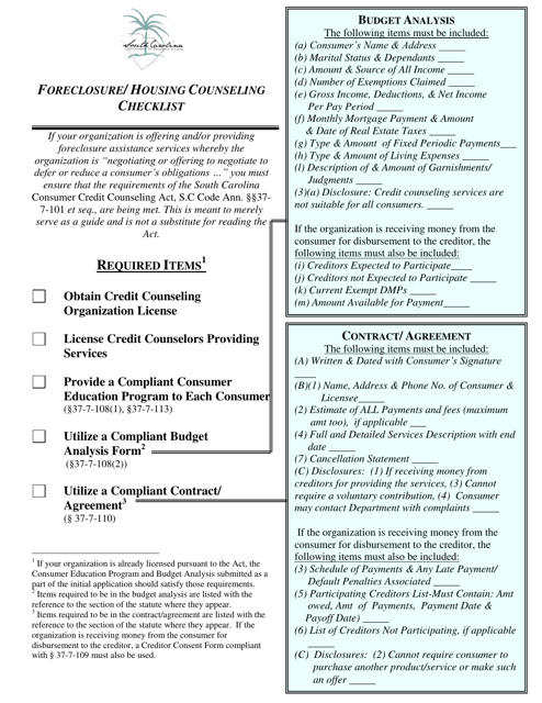Foreclosure/ Housing Counseling Checklist - South Carolina