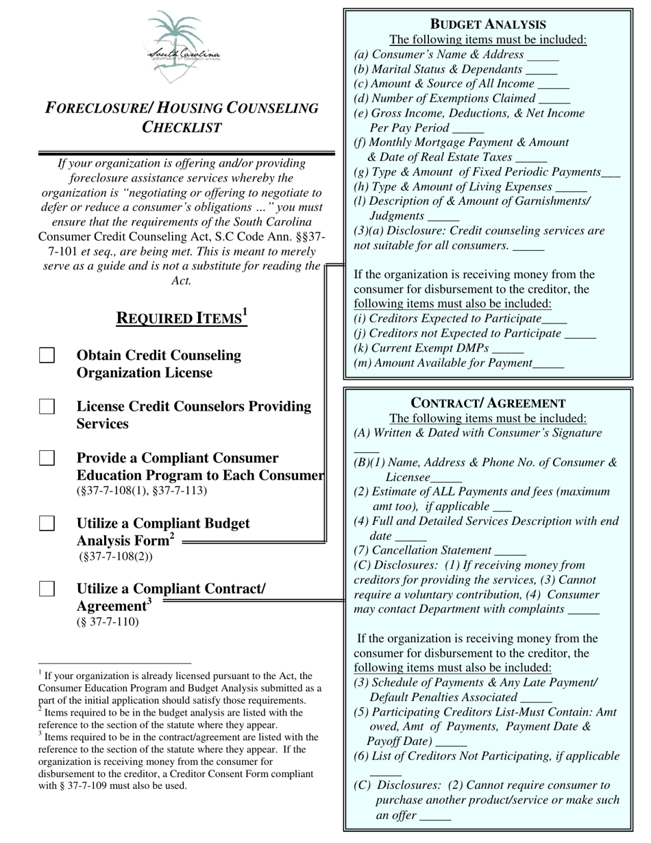 Foreclosure / Housing Counseling Checklist - South Carolina, Page 1