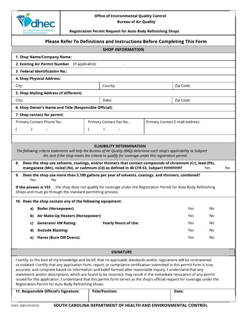 DHEC Form 2089  Printable Pdf