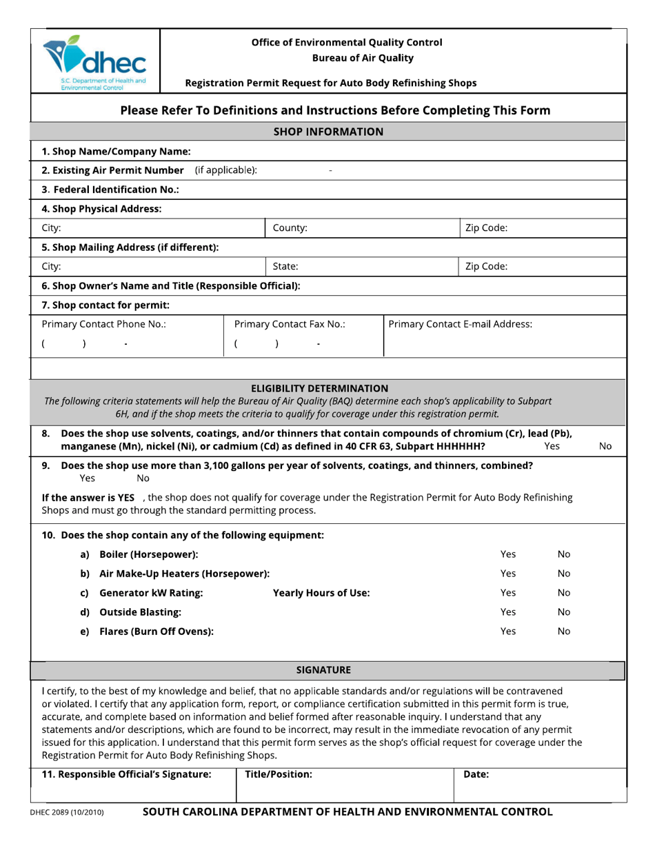 DHEC Form 2089 Registration Permit Request for Auto Body Refinishing Shops - South Carolina, Page 1