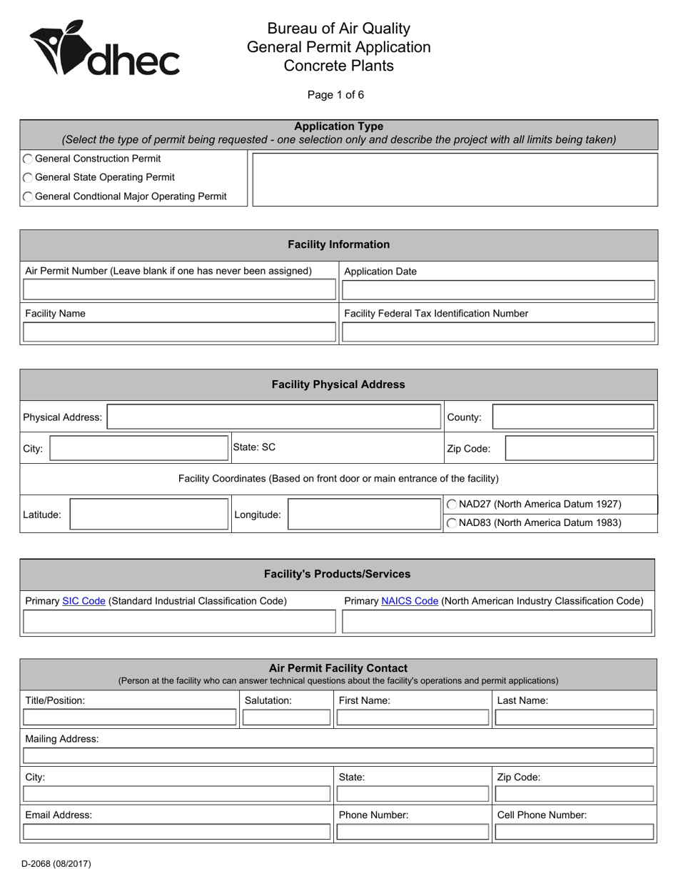 DHEC Form D-2068 General Permitting for Concrete Plants - South Carolina, Page 1