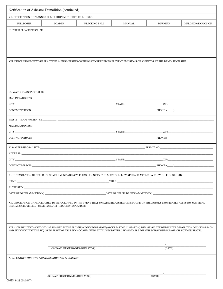 DHEC Form 3428 Notification of Demolition - South Carolina, Page 2