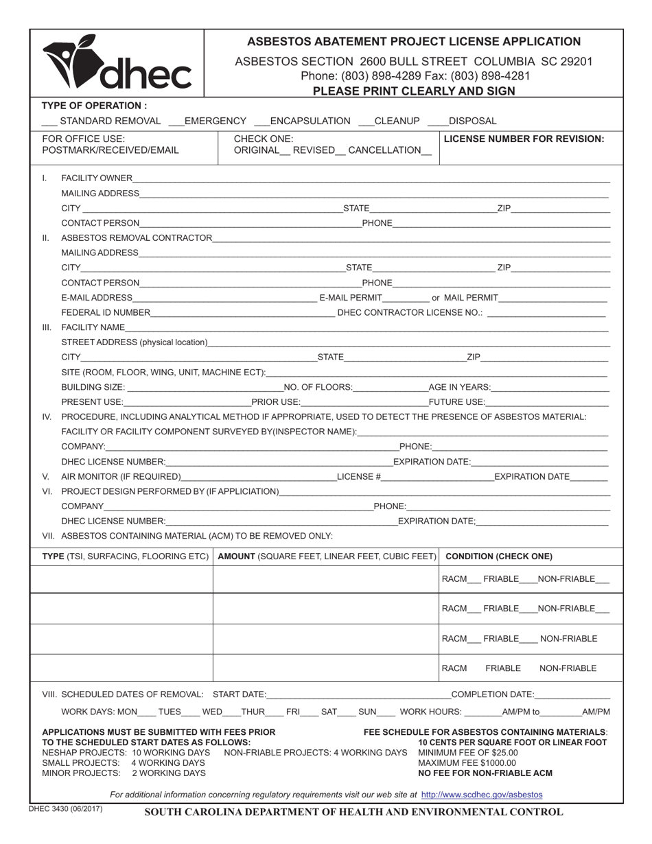 DHEC Form 3430 Asbestos Abatement Project License Application - South Carolina, Page 1