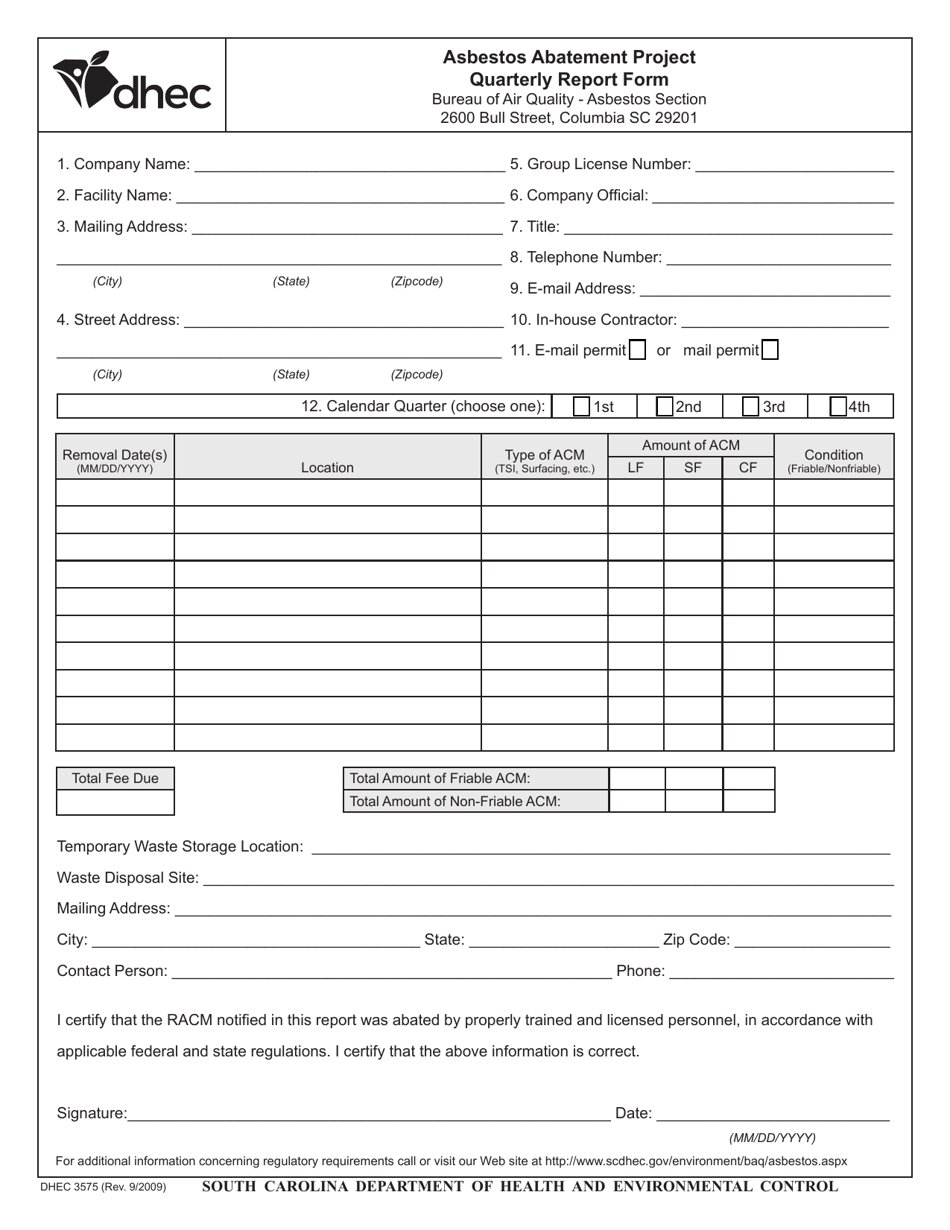 DHEC Form 3575 Asbestos Abatement Project Quarterly Report Form - South Carolina, Page 1