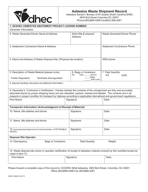 DHEC Form 3688 Asbestos Waste Shipment Record - South Carolina