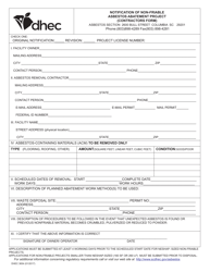 Document preview: DHEC Form 3654 Notification of Non-friable Asbestos Abatement Project (Contractors Form) - South Carolina