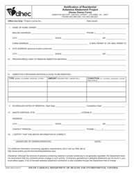 Document preview: DHEC Form 3653 Notification of Residential Asbestos Abatement Project (Home Owner Form) - South Carolina