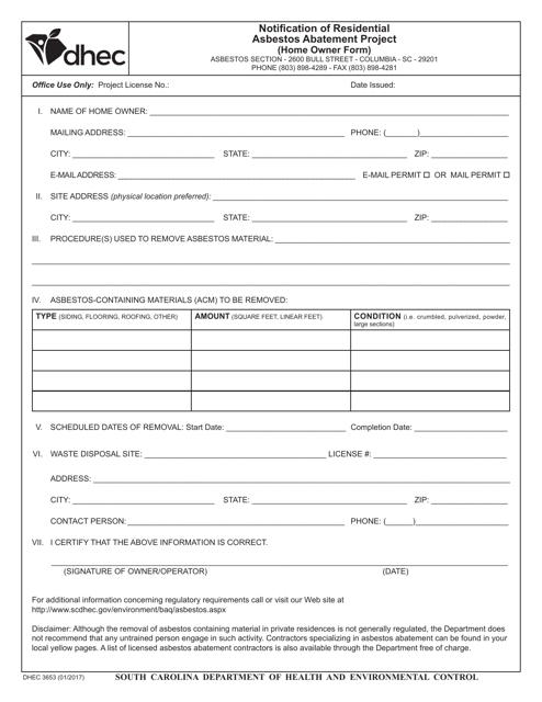 DHEC Form 3653 Notification of Residential Asbestos Abatement Project (Home Owner Form) - South Carolina
