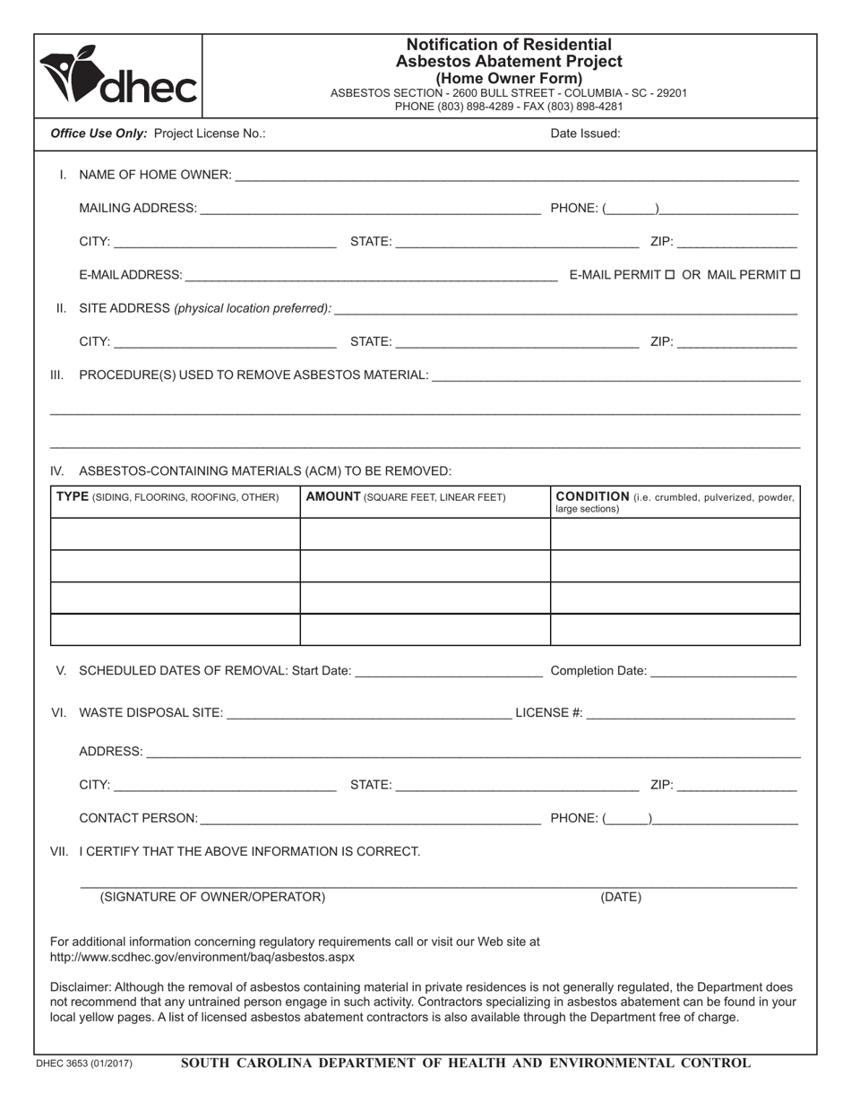 DHEC Form 3653 Notification of Residential Asbestos Abatement Project (Home Owner Form) - South Carolina, Page 1