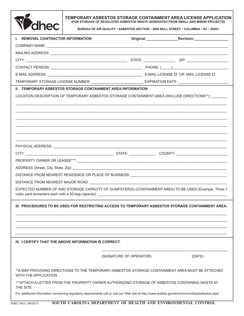DHEC Form 3423 Temporary Asbestos Storage Containment Area License Application (For Storage of Regulated Asbestos Waste Generated From Small and Minor Projects) - South Carolina, Page 1
