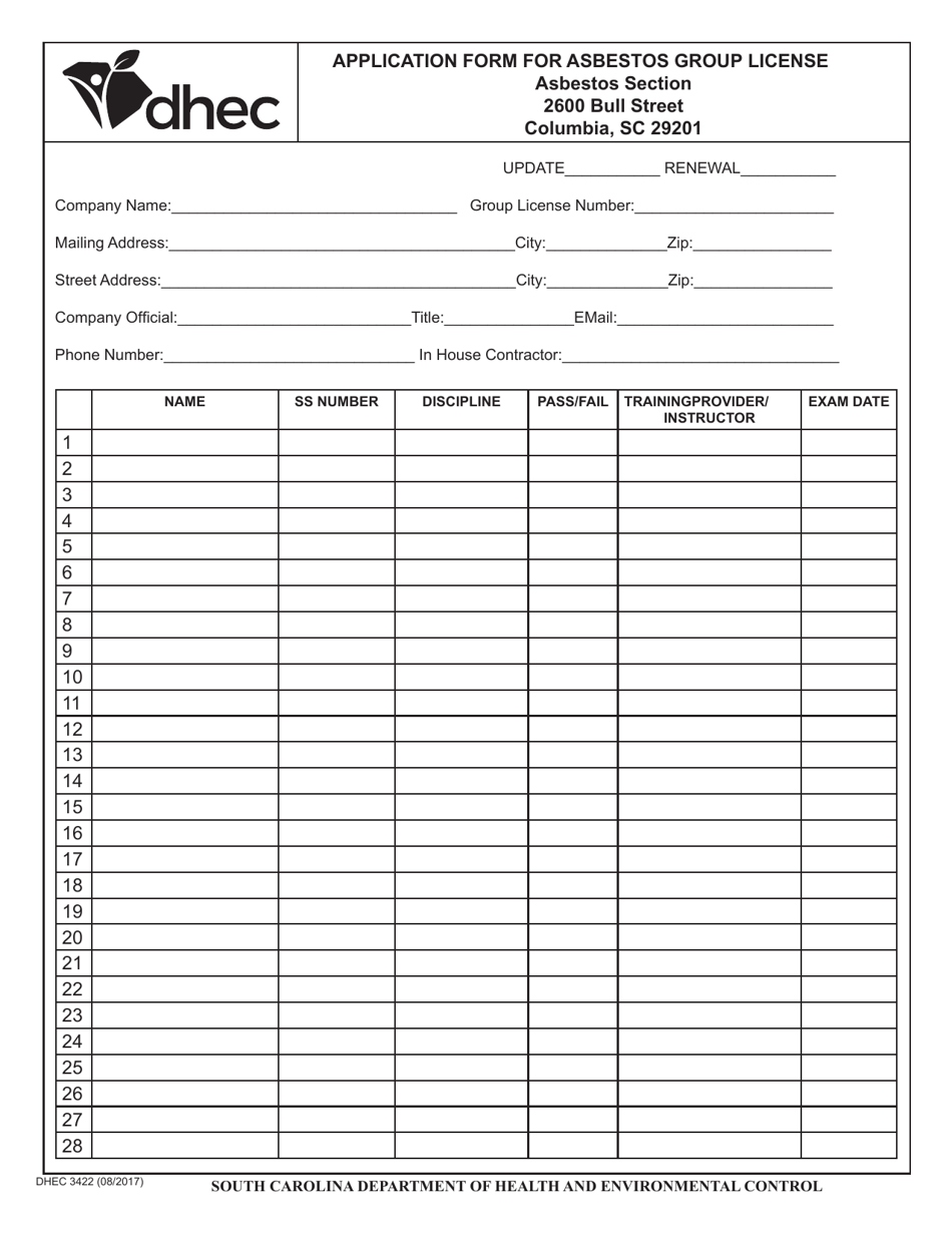 DHEC Form 3422 Application Form for Asbestos Group License - South Carolina, Page 1