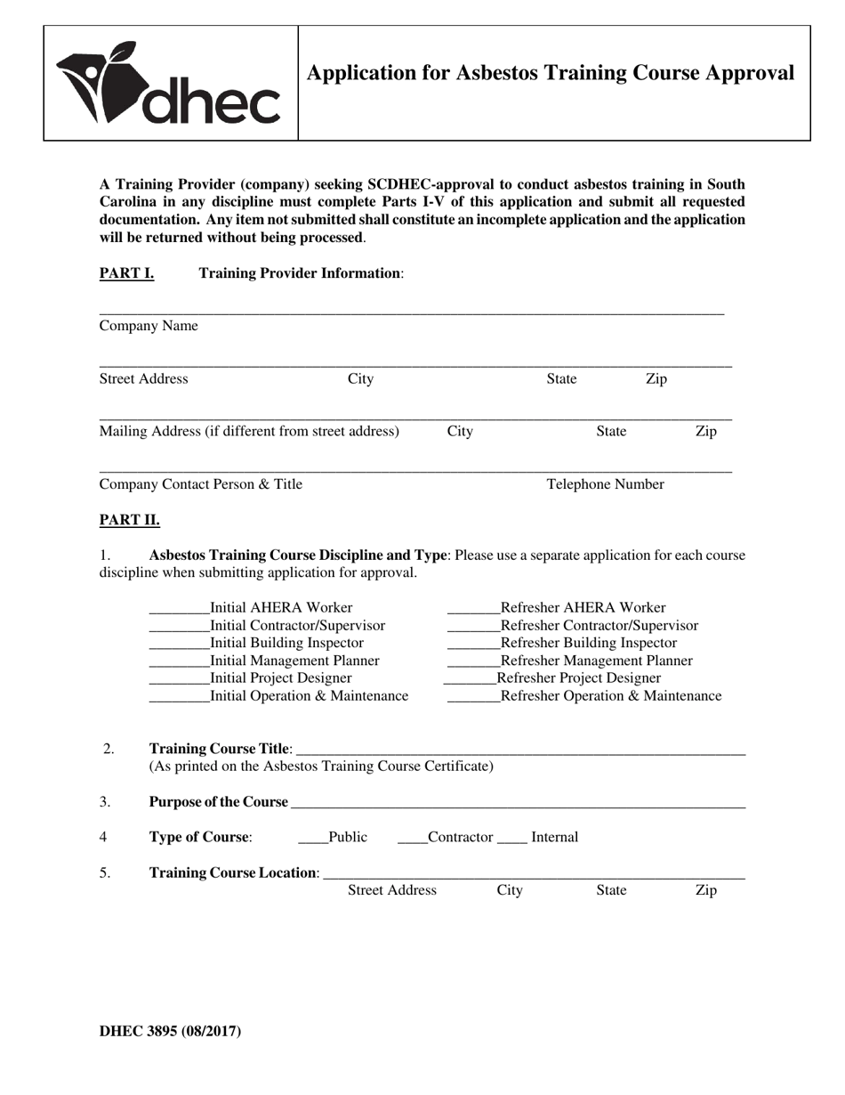 DHEC Form 3895 Application for Asbestos Training Course Approval - South Carolina, Page 1