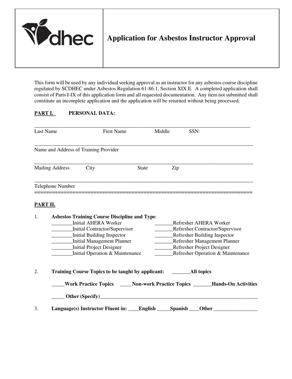 DHEC Form 3894 Application for Asbestos Instructor Approval - South Carolina, Page 1