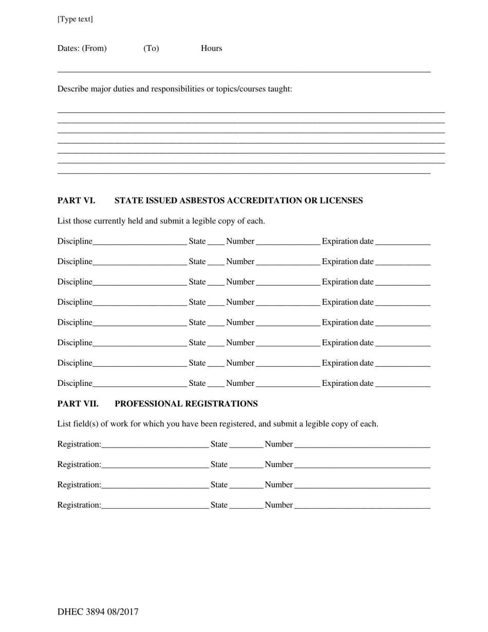 DHEC Form 3894 Application for Asbestos Instructor Approval - South Carolina, Page 4