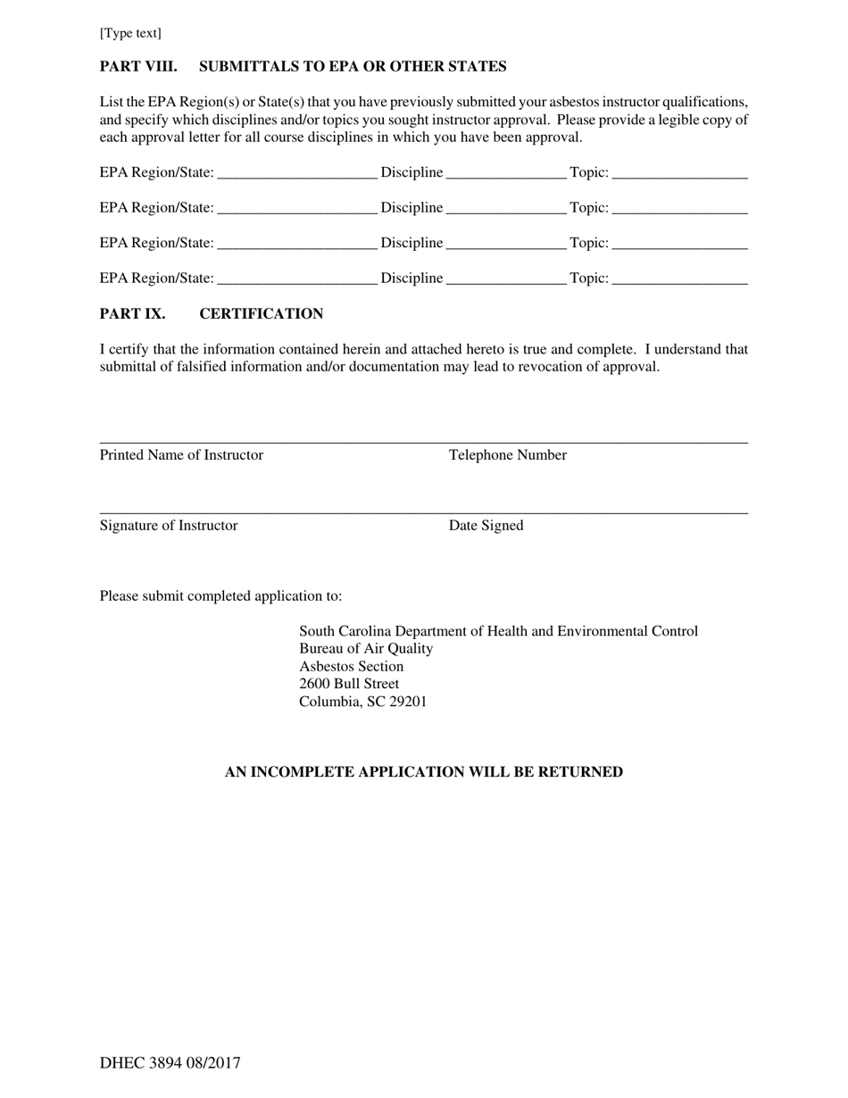 DHEC Form 3894 - Fill Out, Sign Online and Download Fillable PDF, South ...