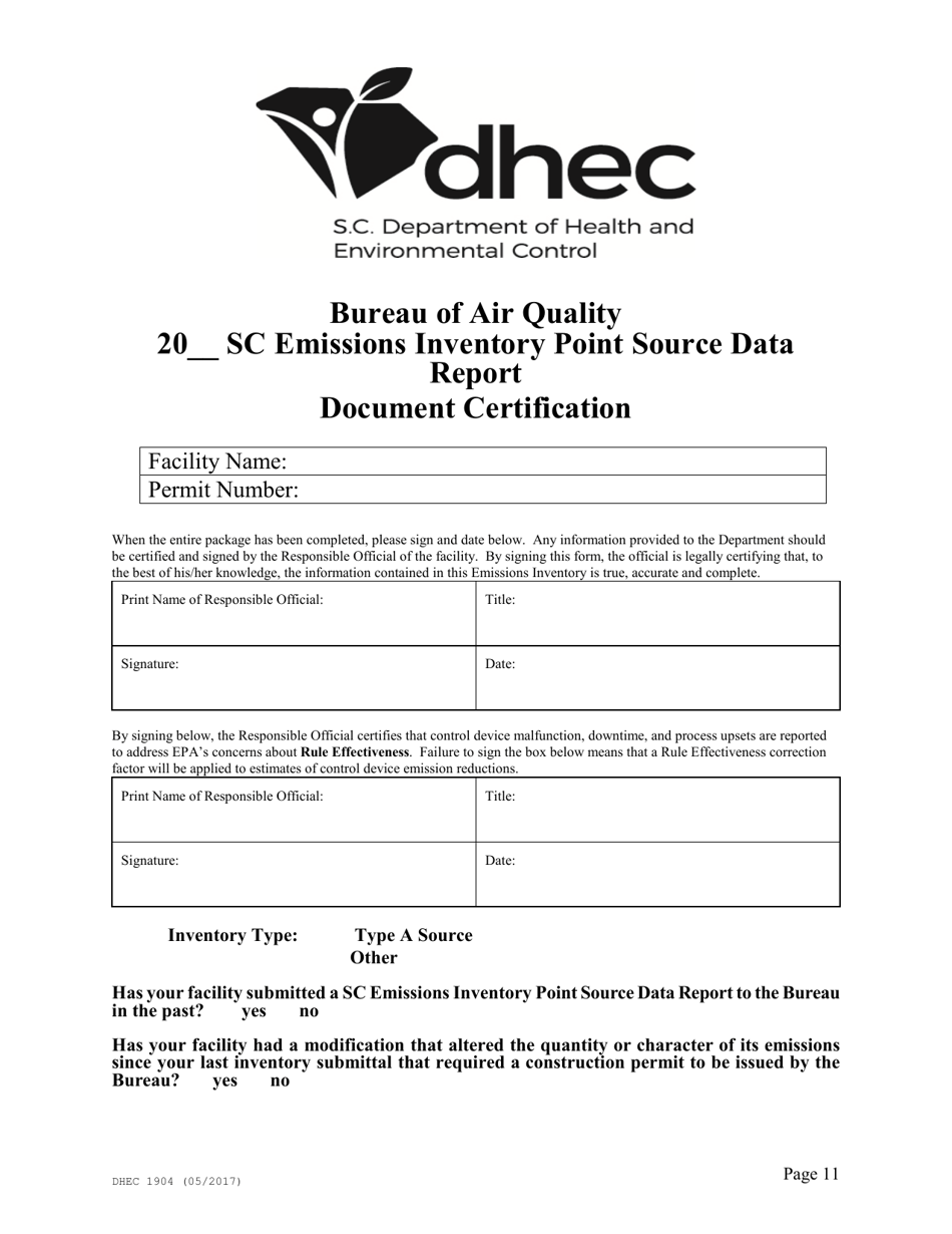 DHEC Form 1904 Emission Inventory Point Source Data Report - South Carolina, Page 11
