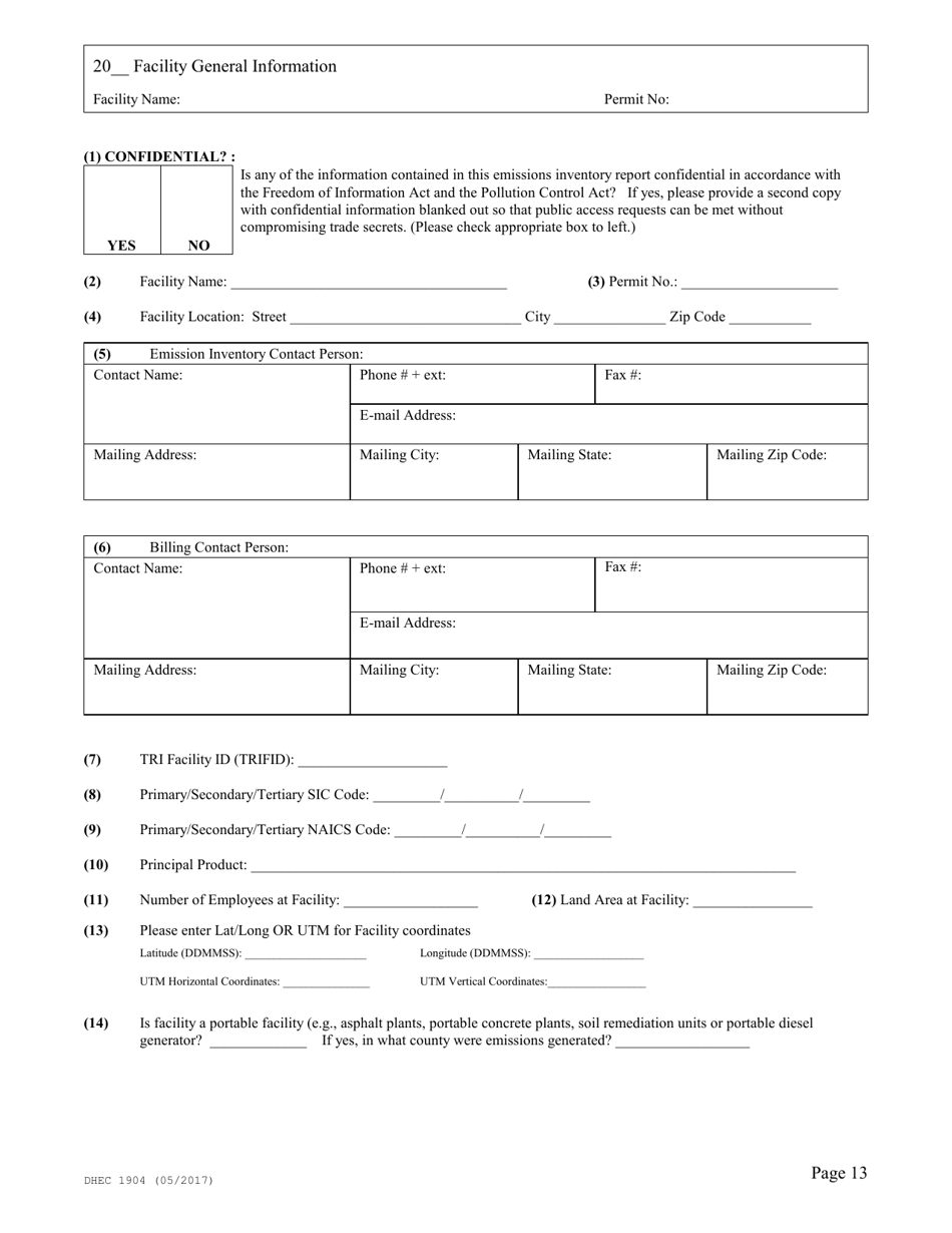 DHEC Form 1904 Emission Inventory Point Source Data Report - South Carolina, Page 13