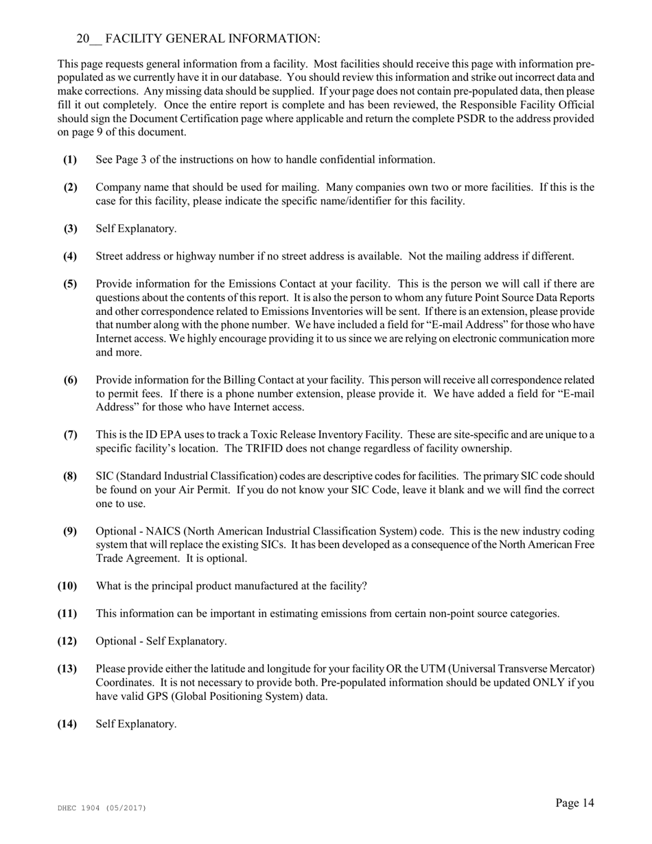 DHEC Form 1904 Emission Inventory Point Source Data Report - South Carolina, Page 14