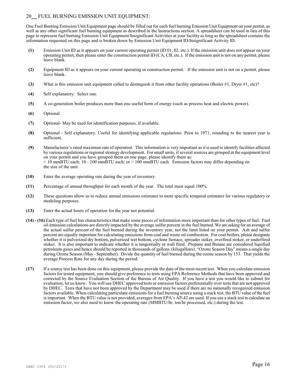 DHEC Form 1904 Emission Inventory Point Source Data Report - South Carolina, Page 16
