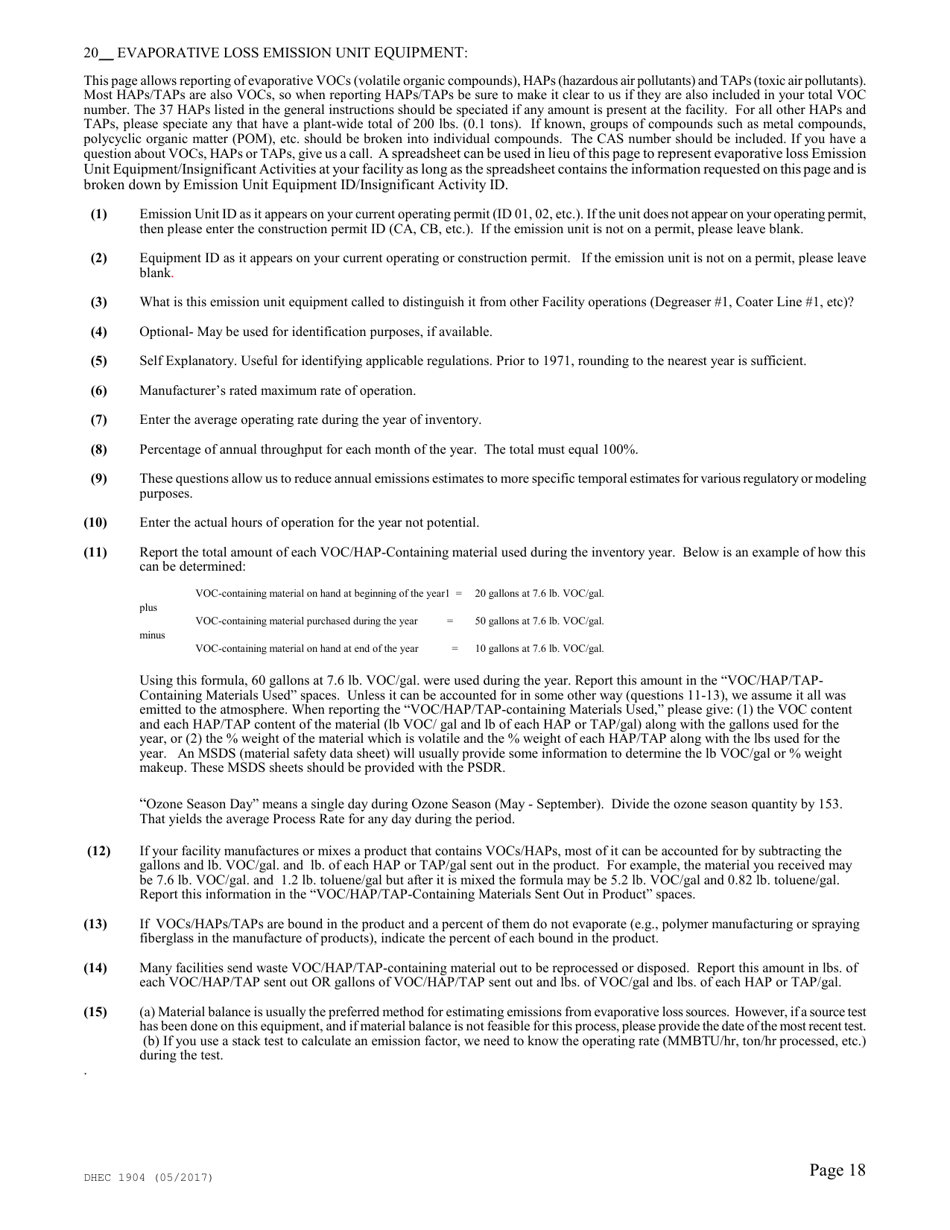DHEC Form 1904 Emission Inventory Point Source Data Report - South Carolina, Page 18