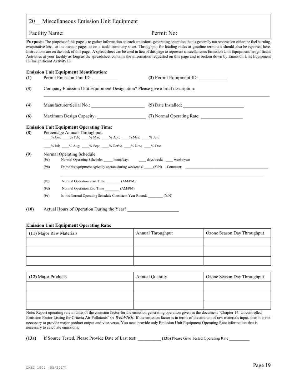 DHEC Form 1904 Emission Inventory Point Source Data Report - South Carolina, Page 19