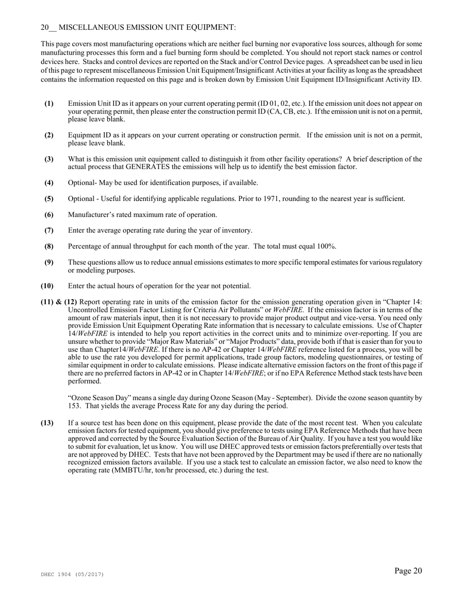 DHEC Form 1904 Emission Inventory Point Source Data Report - South Carolina, Page 20