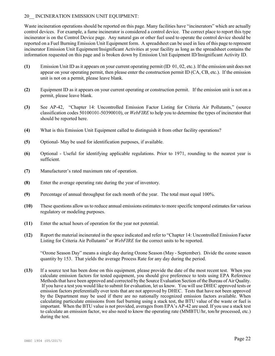 DHEC Form 1904 Emission Inventory Point Source Data Report - South Carolina, Page 22