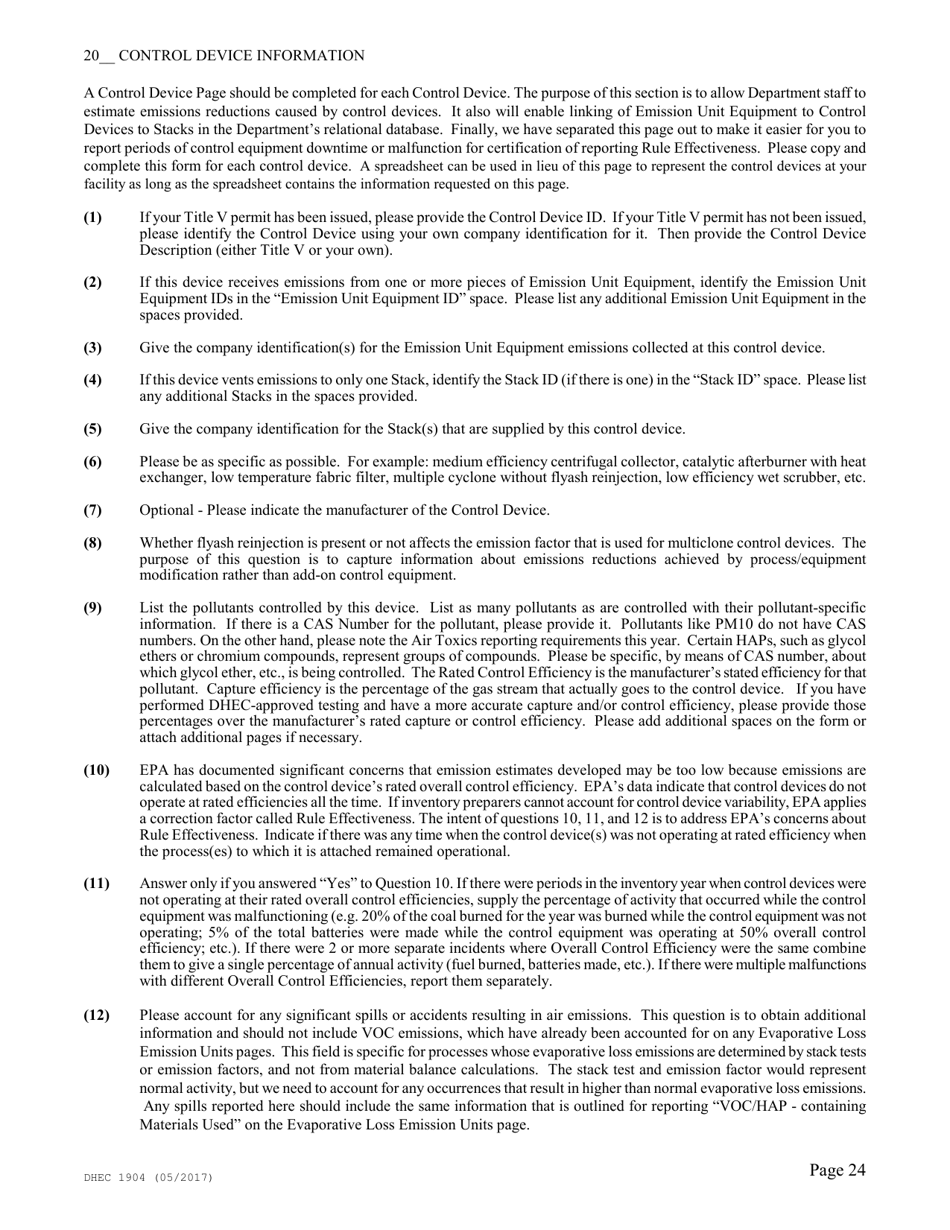DHEC Form 1904 Emission Inventory Point Source Data Report - South Carolina, Page 24