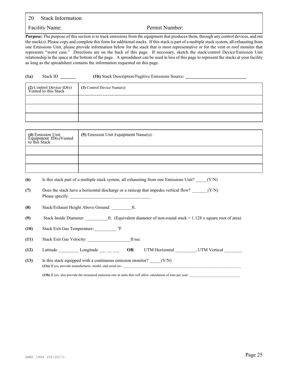 DHEC Form 1904 Emission Inventory Point Source Data Report - South Carolina, Page 25