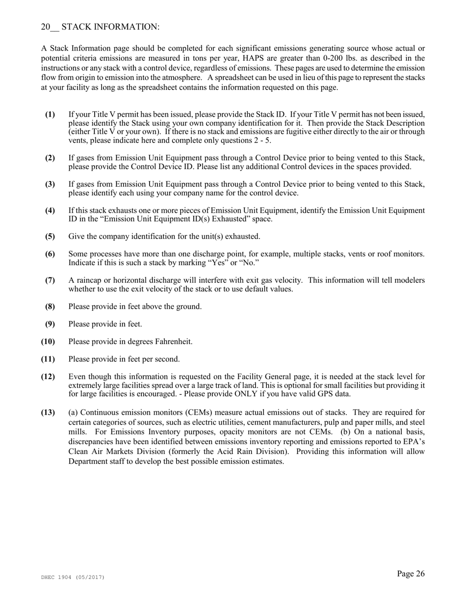 DHEC Form 1904 Emission Inventory Point Source Data Report - South Carolina, Page 26