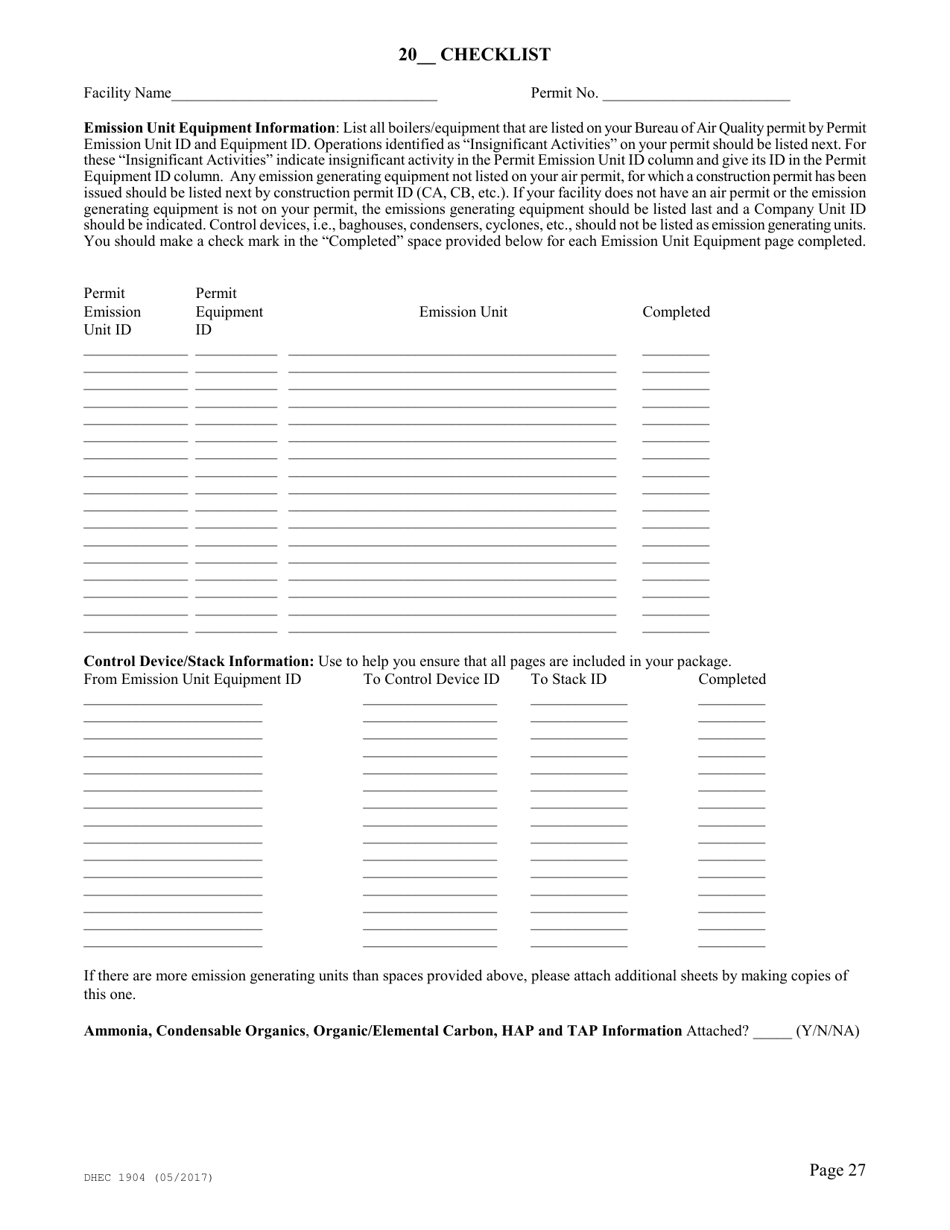 DHEC Form 1904 Emission Inventory Point Source Data Report - South Carolina, Page 27