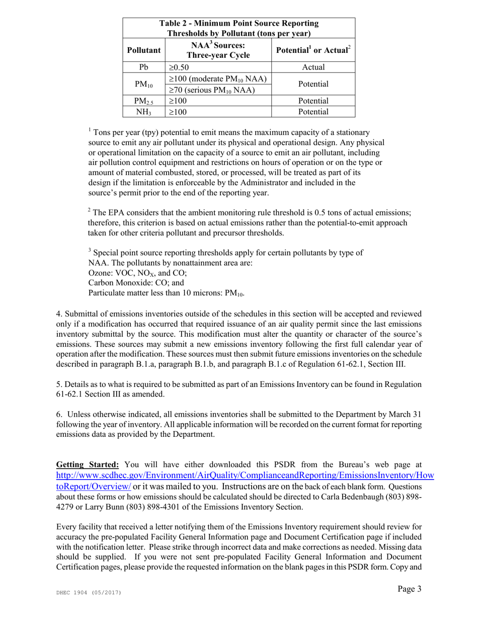 DHEC Form 1904 Emission Inventory Point Source Data Report - South Carolina, Page 3