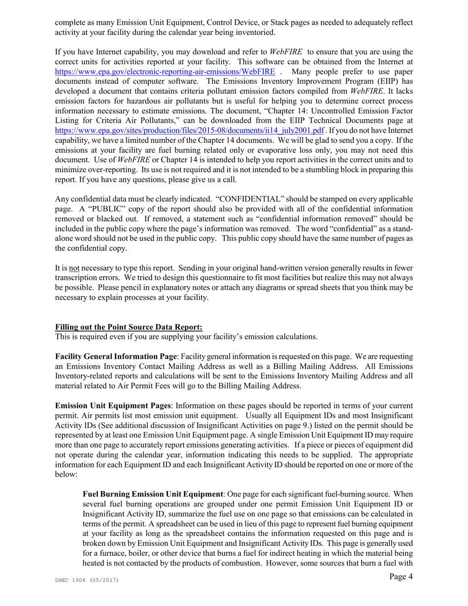 DHEC Form 1904 Emission Inventory Point Source Data Report - South Carolina, Page 4