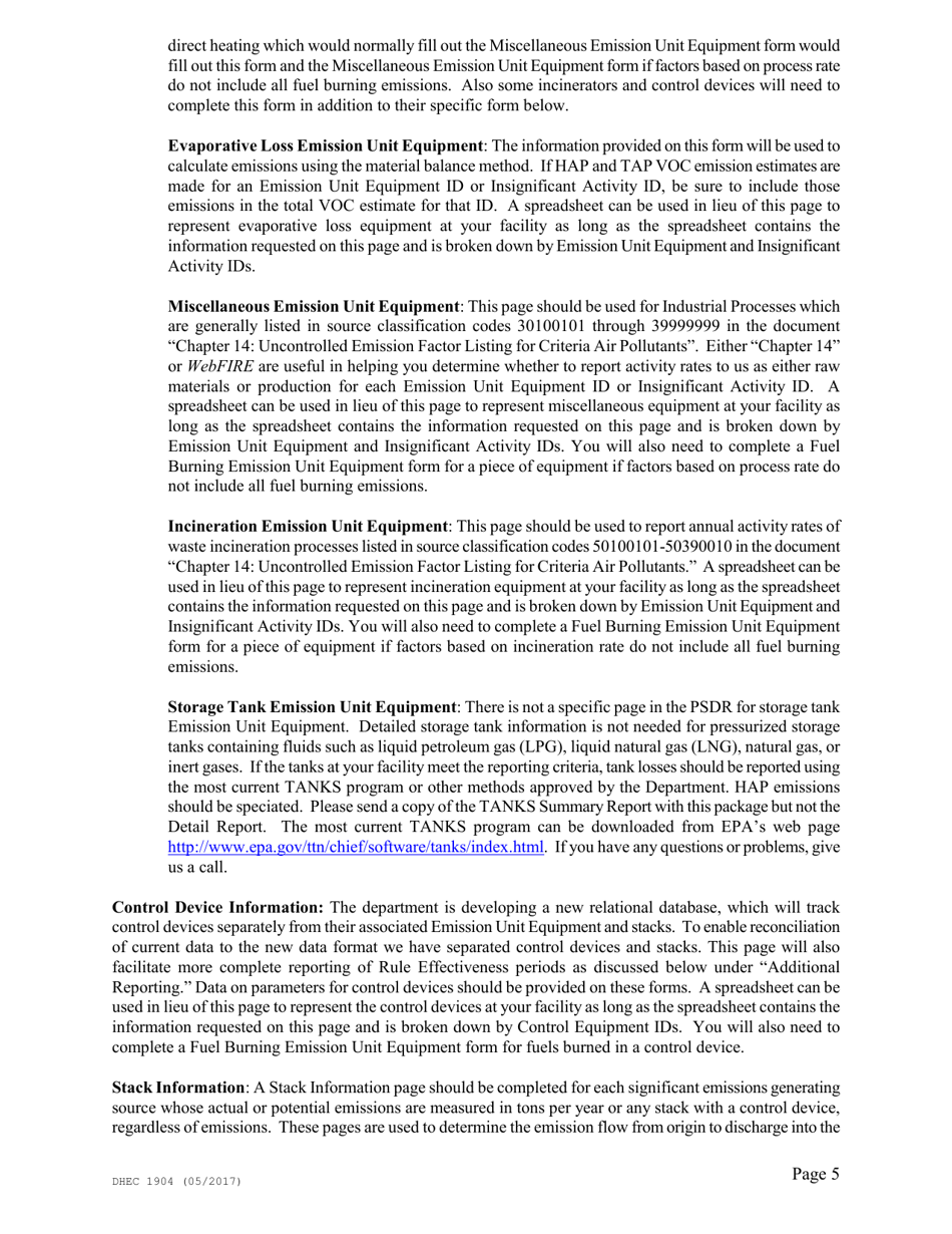 DHEC Form 1904 Emission Inventory Point Source Data Report - South Carolina, Page 5