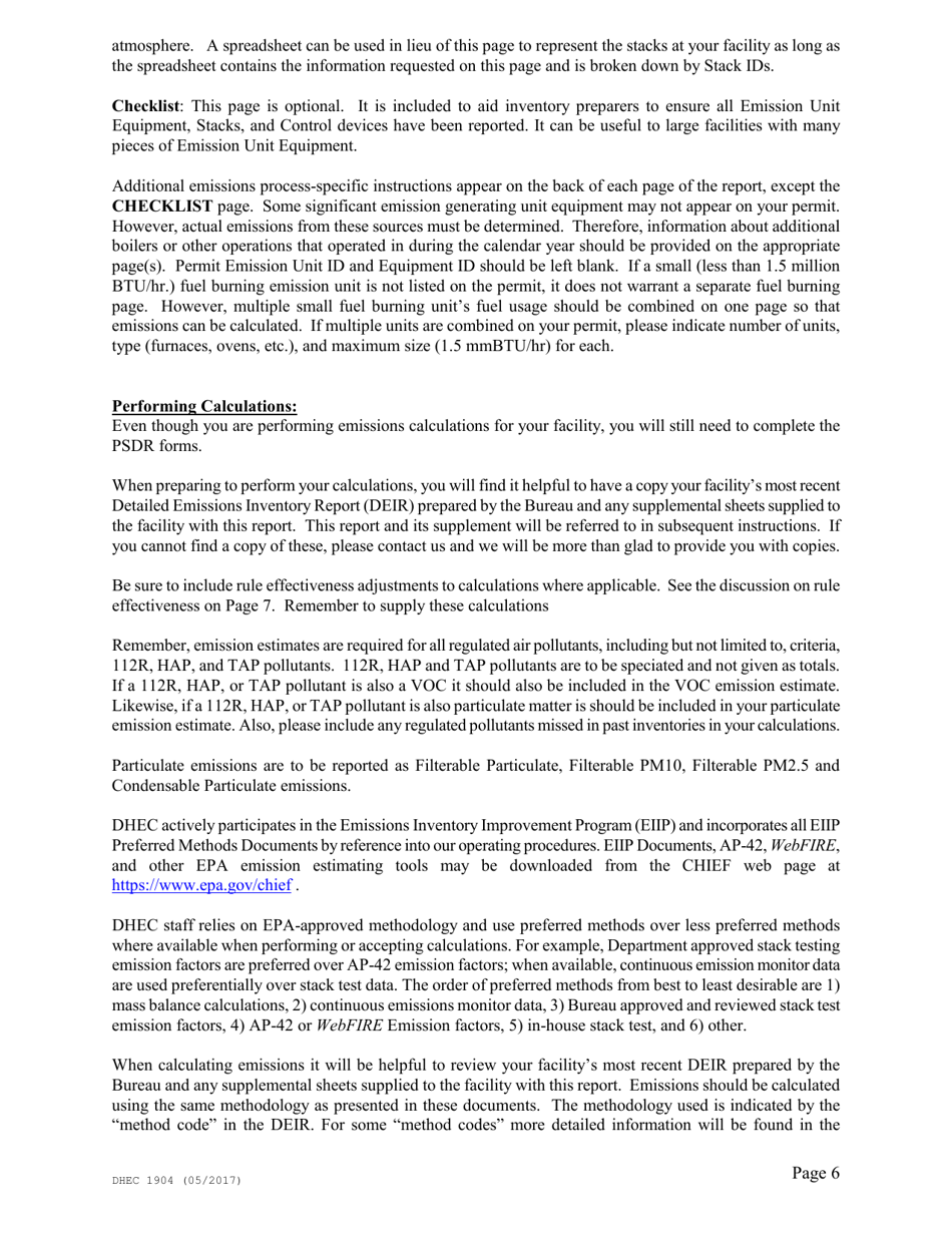 DHEC Form 1904 Emission Inventory Point Source Data Report - South Carolina, Page 6