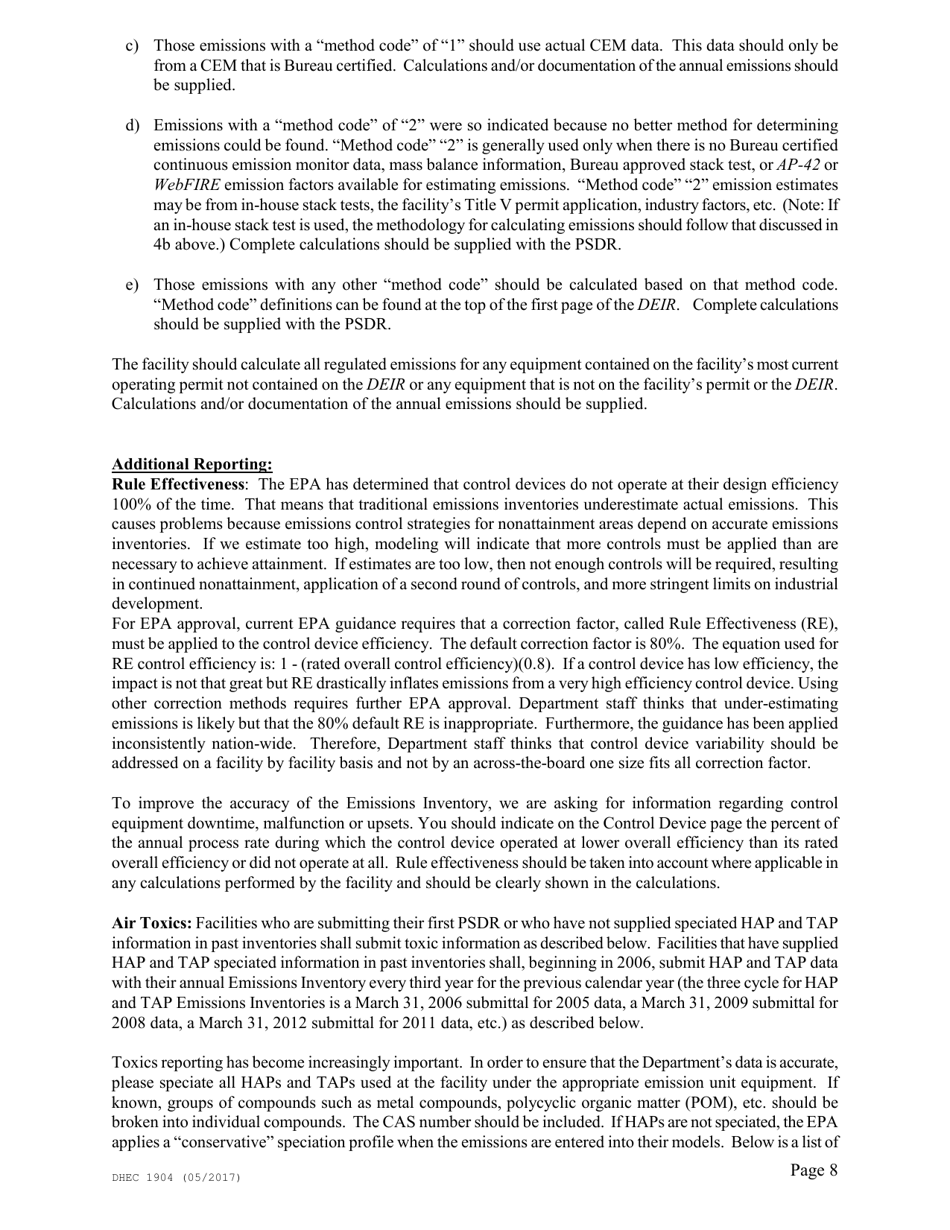 DHEC Form 1904 Emission Inventory Point Source Data Report - South Carolina, Page 8