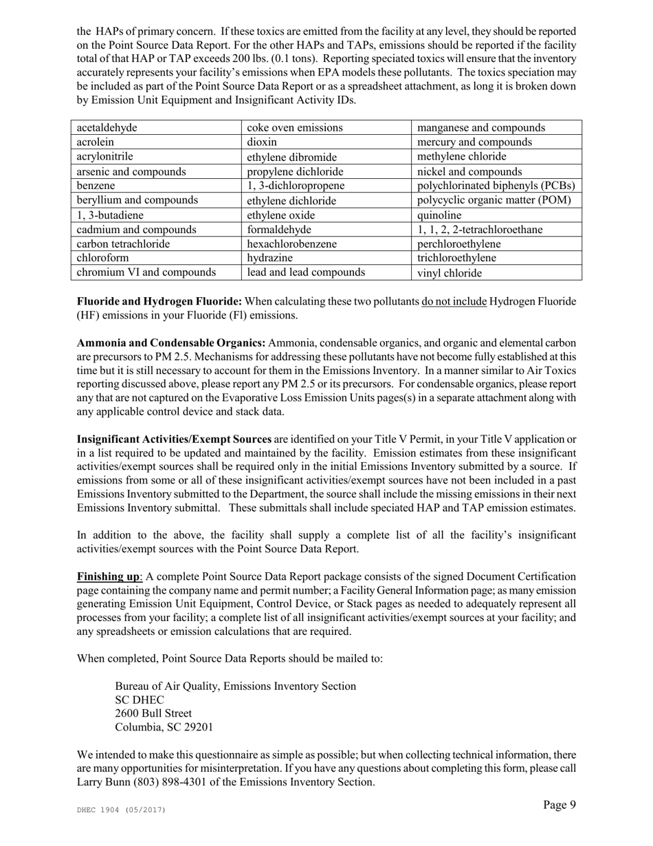 DHEC Form 1904 Emission Inventory Point Source Data Report - South Carolina, Page 9