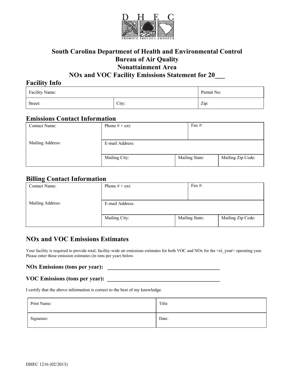 DHEC Form 1216 Nox and VOC Facility Emissions Statement - South Carolina, Page 1