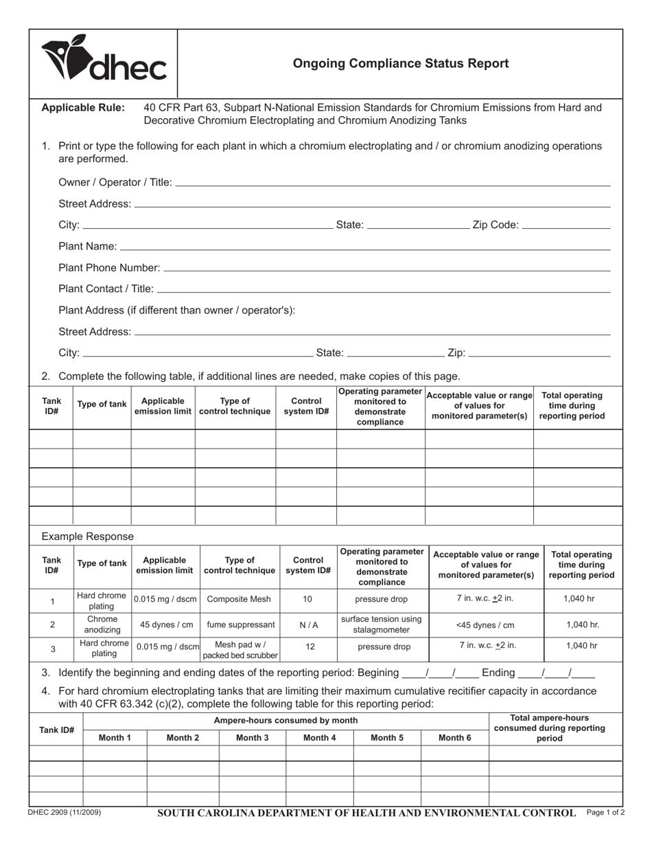 DHEC Form 2909 Download Printable PDF or Fill Online Ongoing Compliance