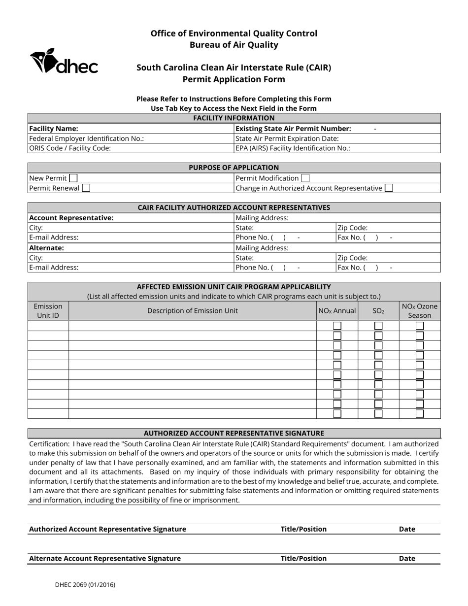 DHEC Form 2069 South Carolina Clean Air Interstate Rule (Cair) Permit Application Form - South Carolina, Page 1