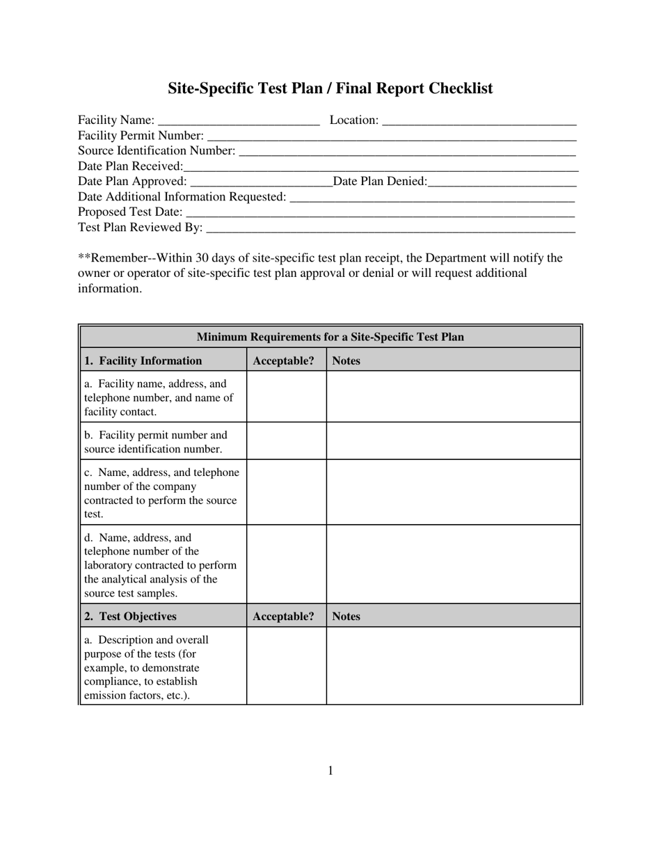 Site-Specific Test Plan / Final Report Checklist - South Carolina, Page 1