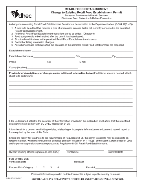 DHEC Form 1716 Retail Food Establishment Change to Existing Retail Food Establishment Permit - South Carolina