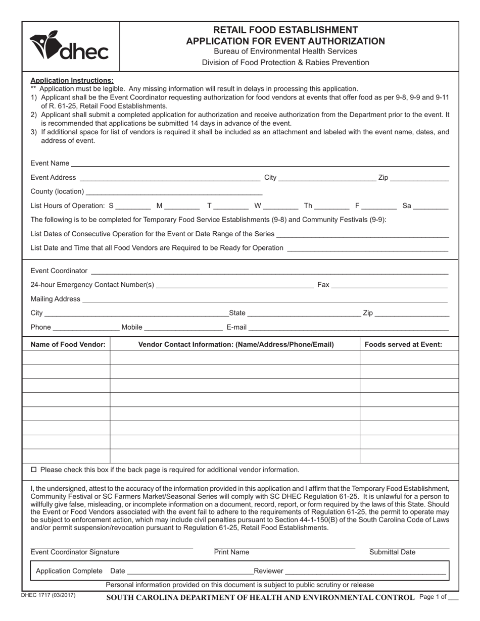 DHEC Form 1717 Retail Food Establishment Application for Event Authorization - South Carolina, Page 1